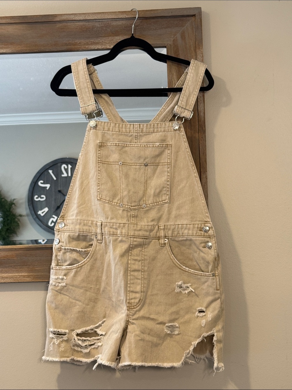We The Free Distressed Tan Short Overalls Romper